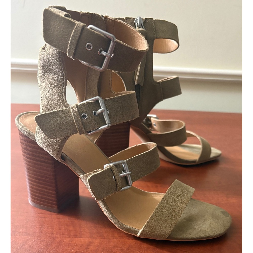 Crown Vintage Elsey Olive Green Suede Buckle Block Heel Gladiator Sandals 9M